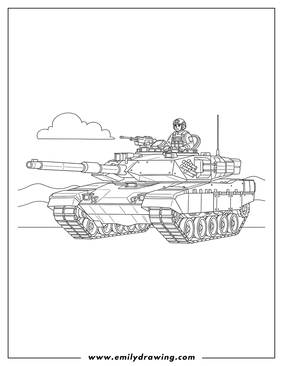 PDF style coloring page: K2 Black Panther South Korean Tank with gunner visible in hatch, side view
