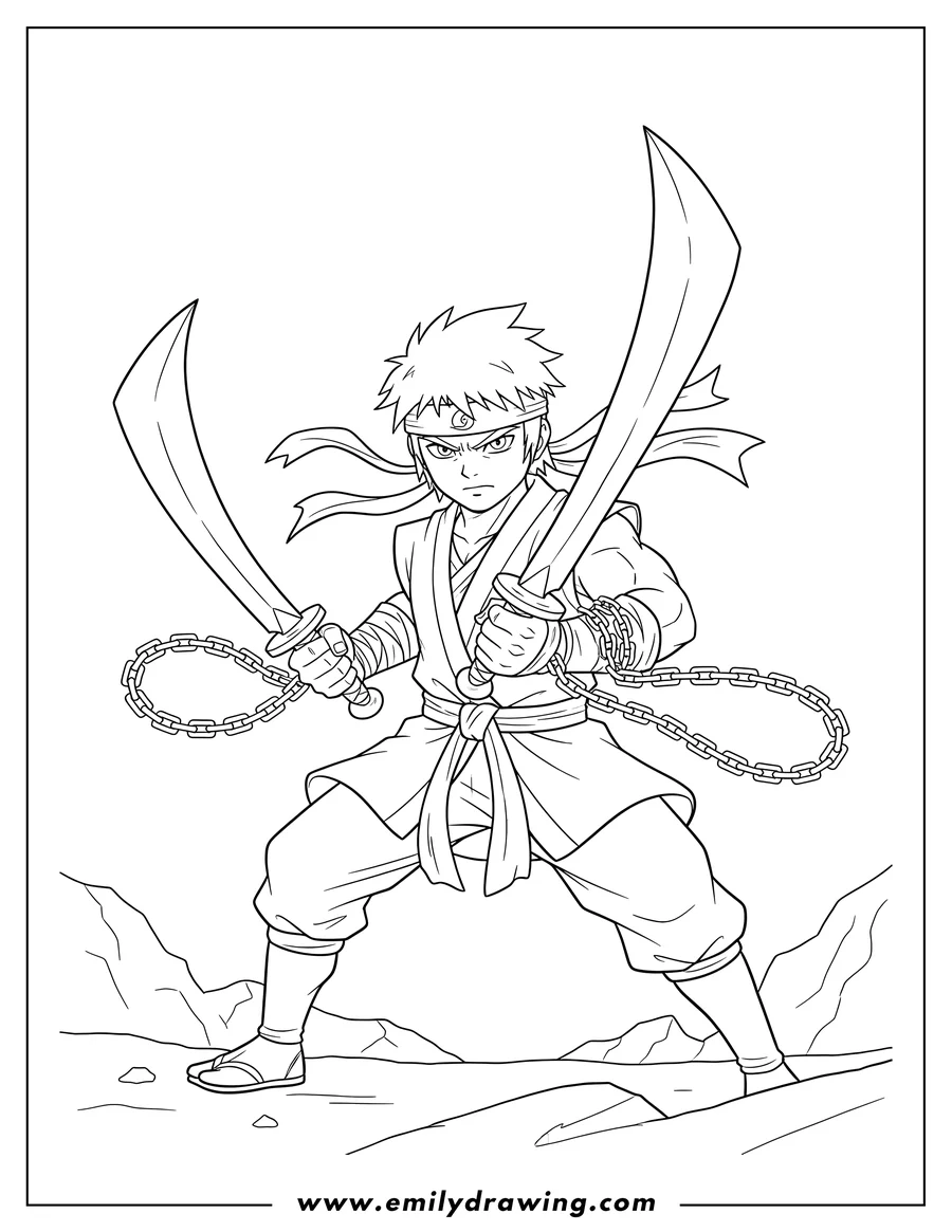 Black and white line art of kai Collector holding chained blades