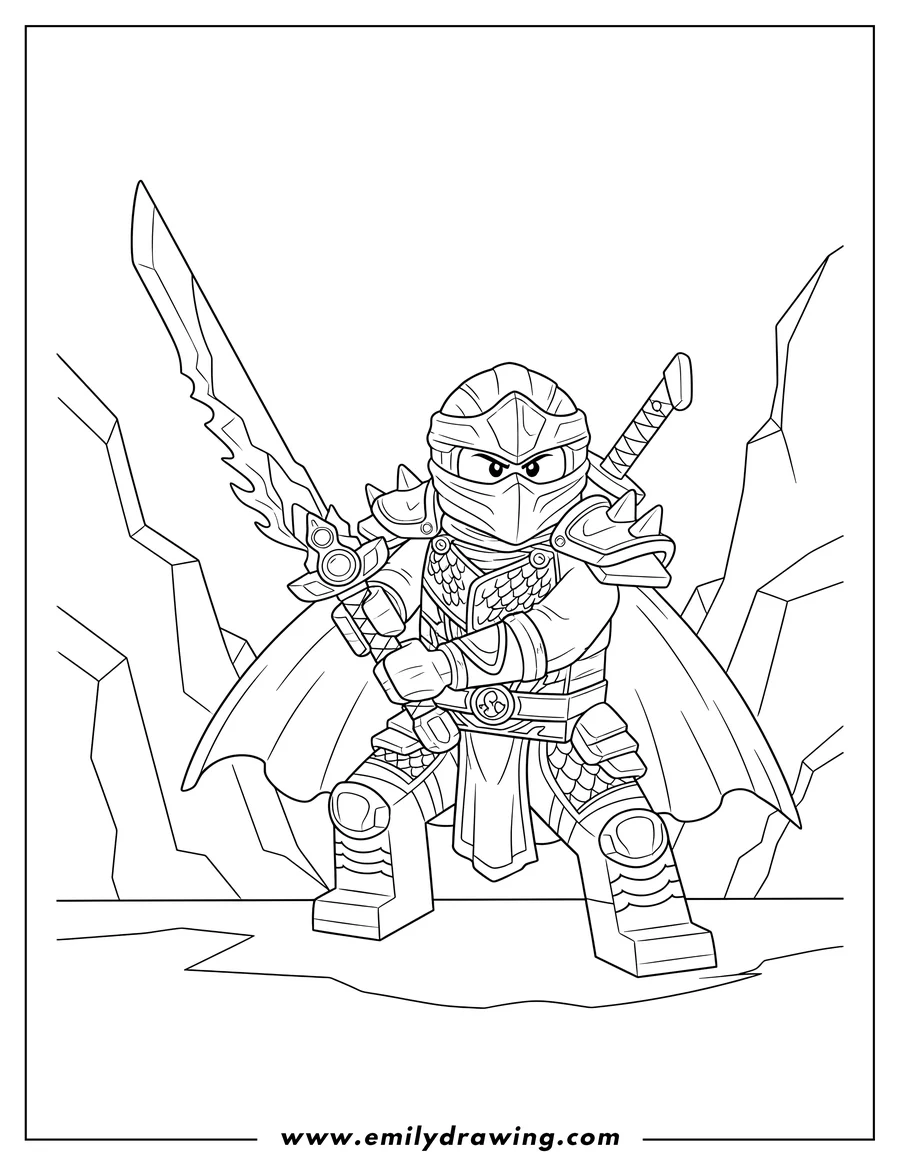 Doodle style coloring picture of lego Ninjago Kai in his Final Battle Suit, masked, holding a jagged sword