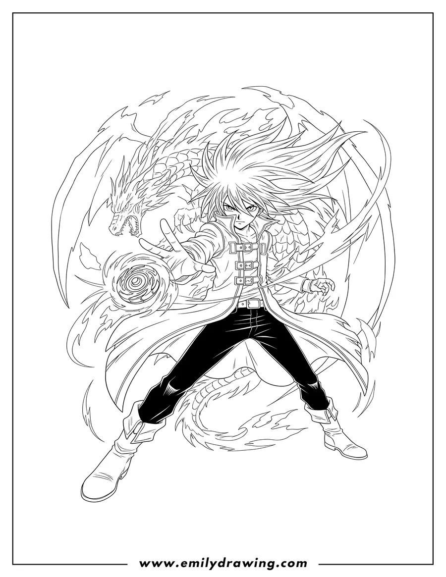 Vector style outline of kai Hiwatari in action, launching his spinning Beyblade, with his powerful dragon spirit Dranzer