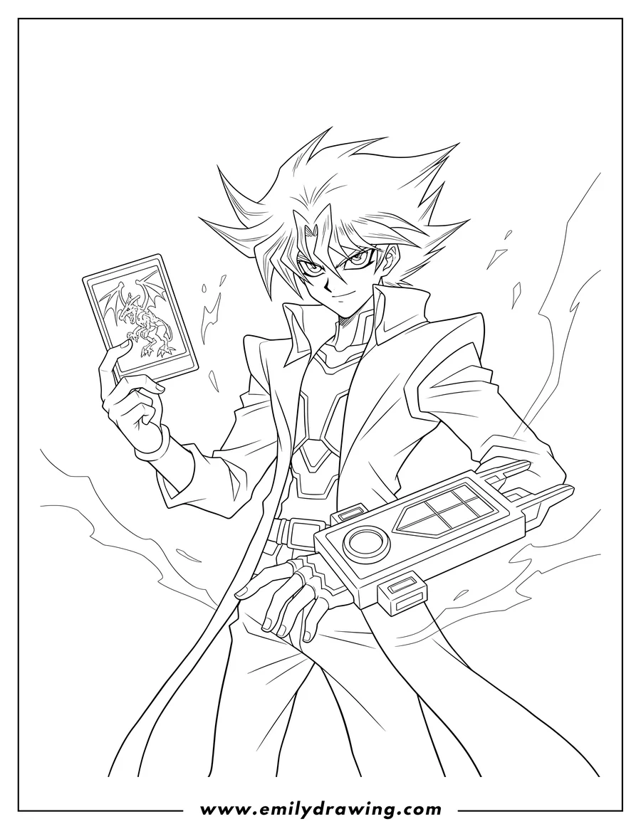 Full page coloring image of yu Gi Oh Kaiba Seto Duel Monster, holding a card and his Duel Disk