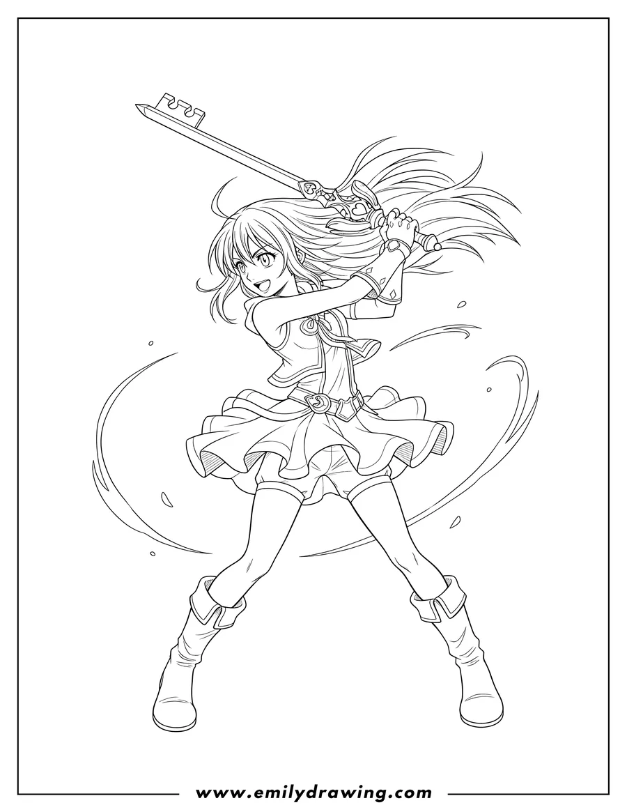 Coloring sheet featuring kairi in a dynamic pose, holding her Keyblade