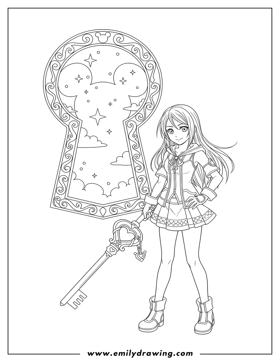 Coloring page of kingdom Hearts Kairi standing with Mickey Mouse Door Lock Hole