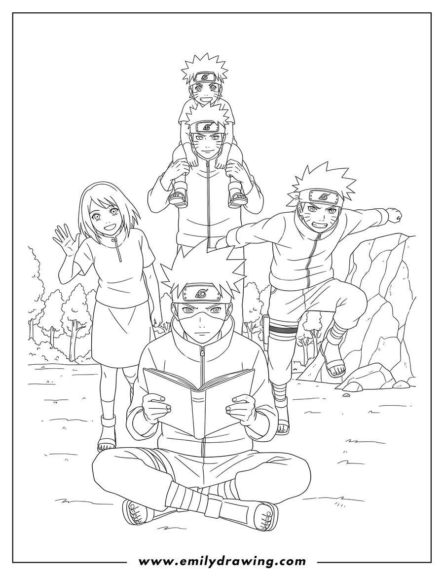 Outline drawing of kakashi reading, Obito leaping, Rin, Minato carrying young Naruto on his shoulders