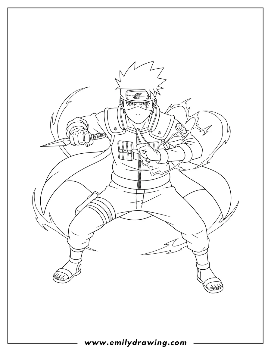 Black and white line art of kakashi wielding a kunai and making hand signs for a Chidori battle