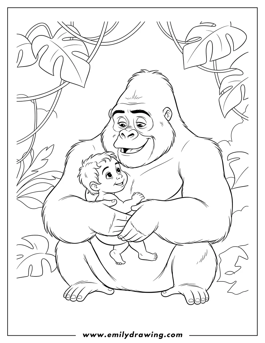 Downloadable coloring page of kala Cradling Baby Tarzan, both smiling and looking at each other