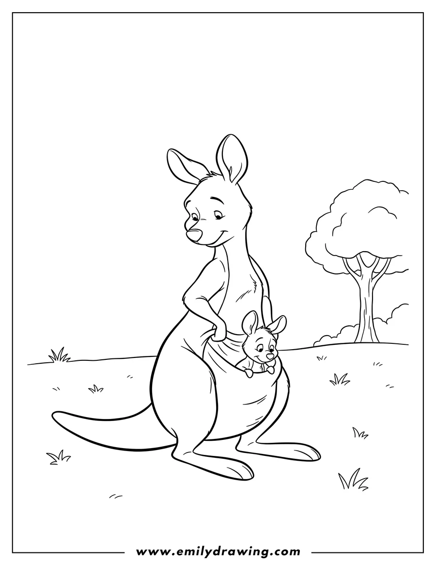 Free printable coloring sheet of kanga And Roo Scaled with baby Roo in her pouch, looking down