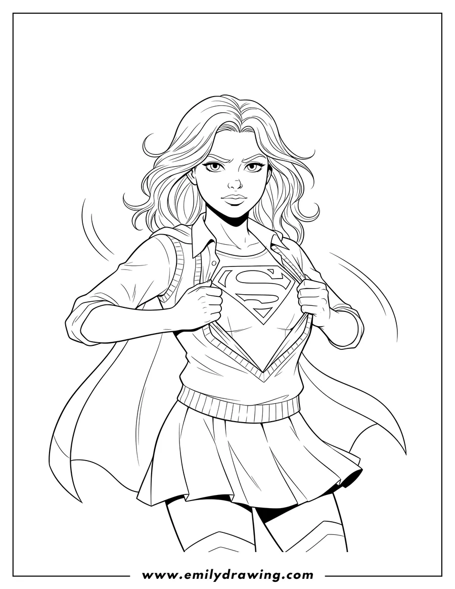 Black and white line art of kara Zor El tearing open her shirt to reveal her Supergirl costume