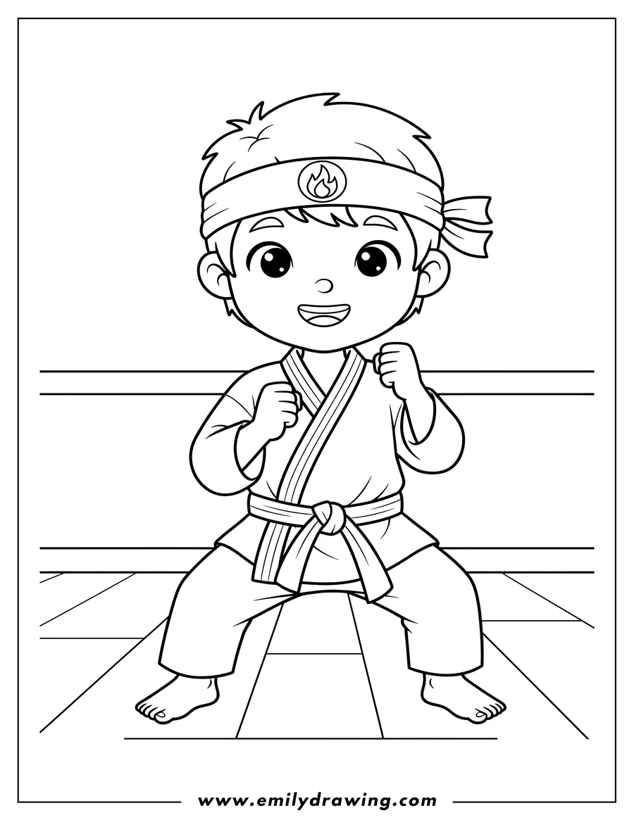 Outline drawing of karate Boy wearing a gi with headband, practicing his guard position with clenched fists, for preschoolers