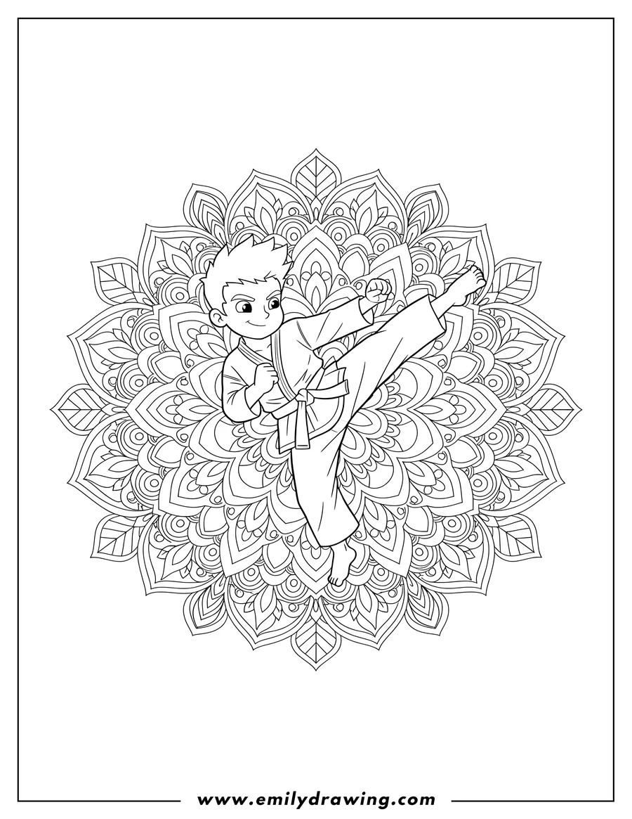 Printable line art of outline Karate Fighter doing a high kick inside Floral Mandala