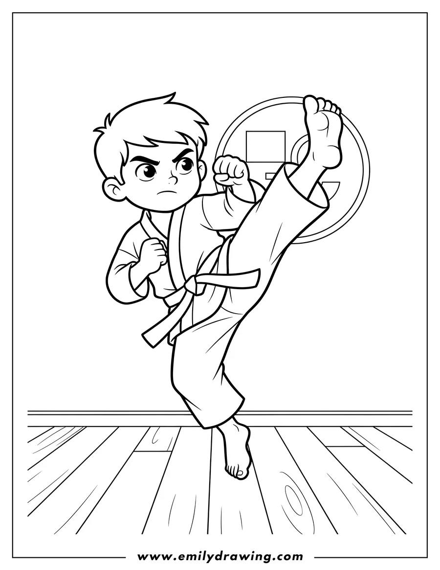 Linear illustration of karate Kid doing a leaping high kick, barefoot