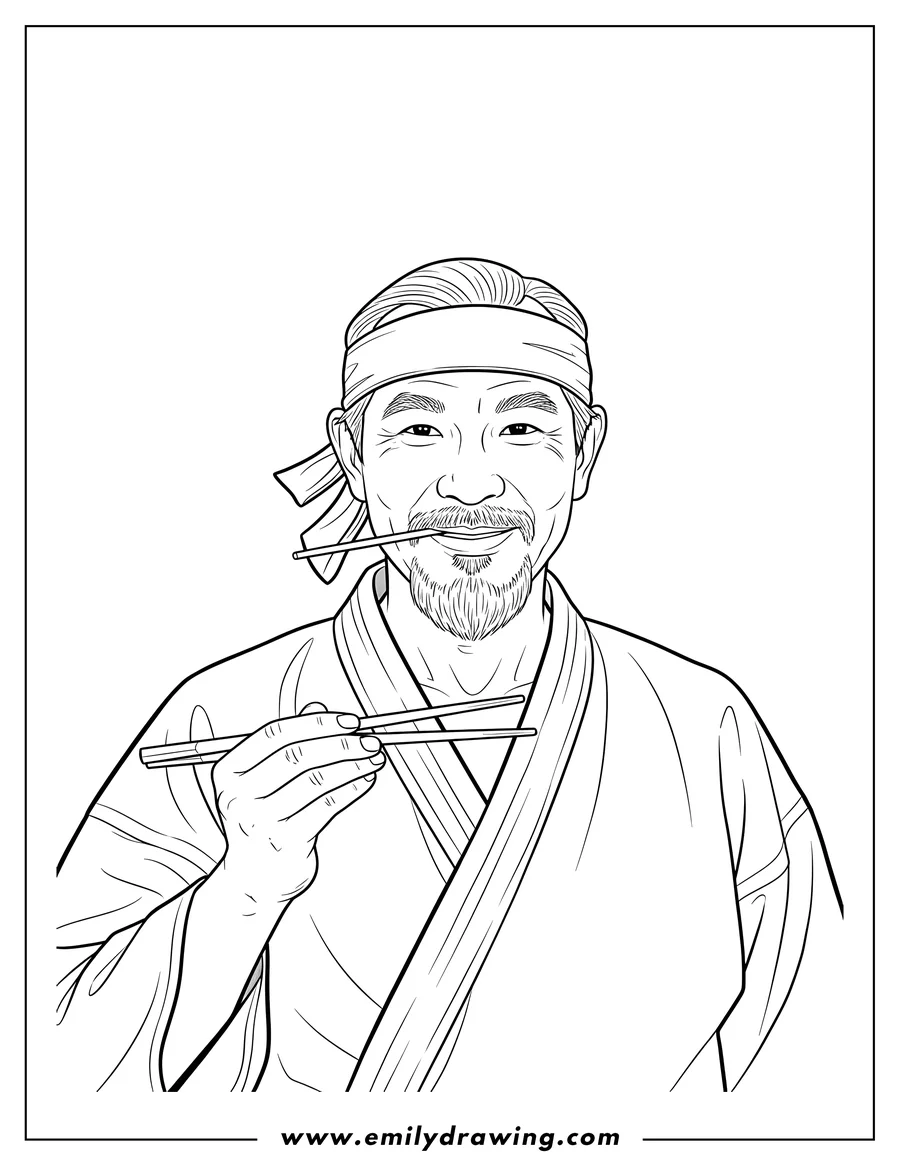 Vector style outline of karate Kid Movie Mr Miyagi wearing a headband and goatee, holding chopsticks with one in his mouth