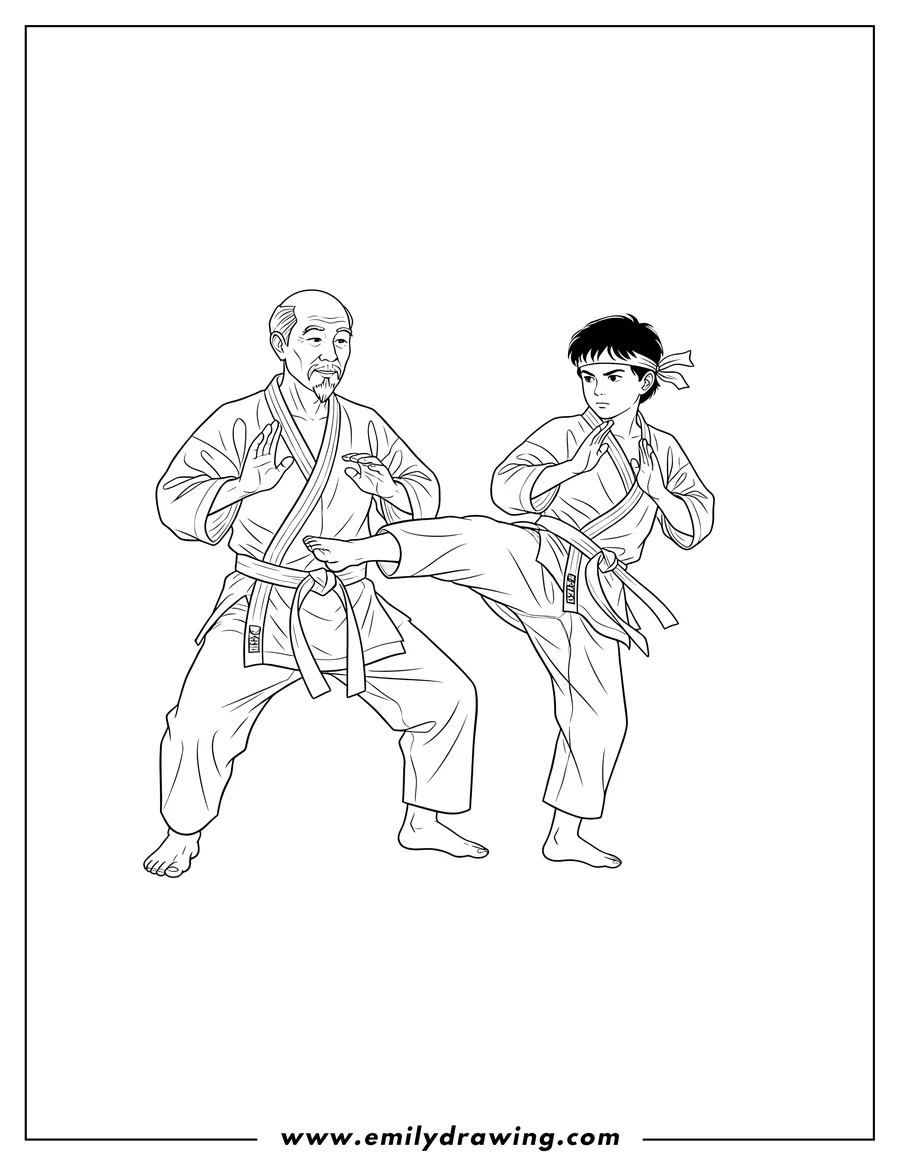 Coloring page for kids: karate Kid Mr Miyagi With Daniel Larusso, both in a karate stance, Daniel wearing a headband