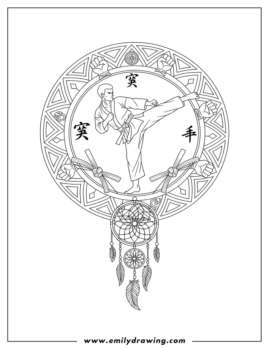 Outline drawing of karate Mandala With Dreamcatcher And Martial Arts Symbols, depicting a practitioner in a gi performing a high kick, a karate belt, and fists