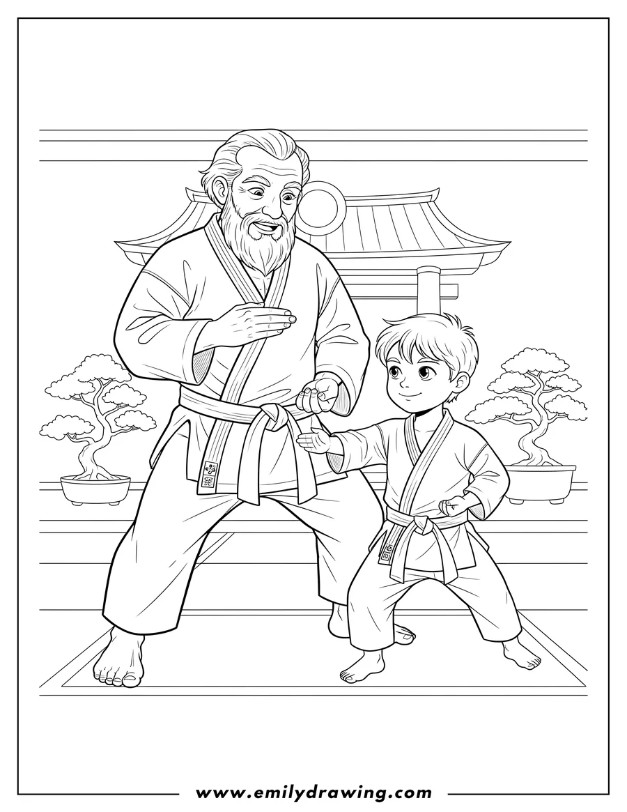 Coloring page of karate Master Training Young Student At Temple Dojo, practicing a block