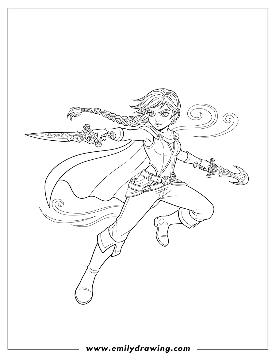 Coloring page of katarina fighting with two ornate daggers, one extended forward