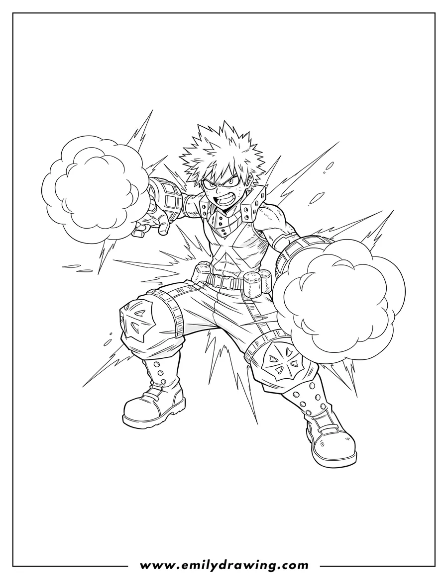 Full page coloring image of katsuki Bakugo My Hero Academia in action with explosions