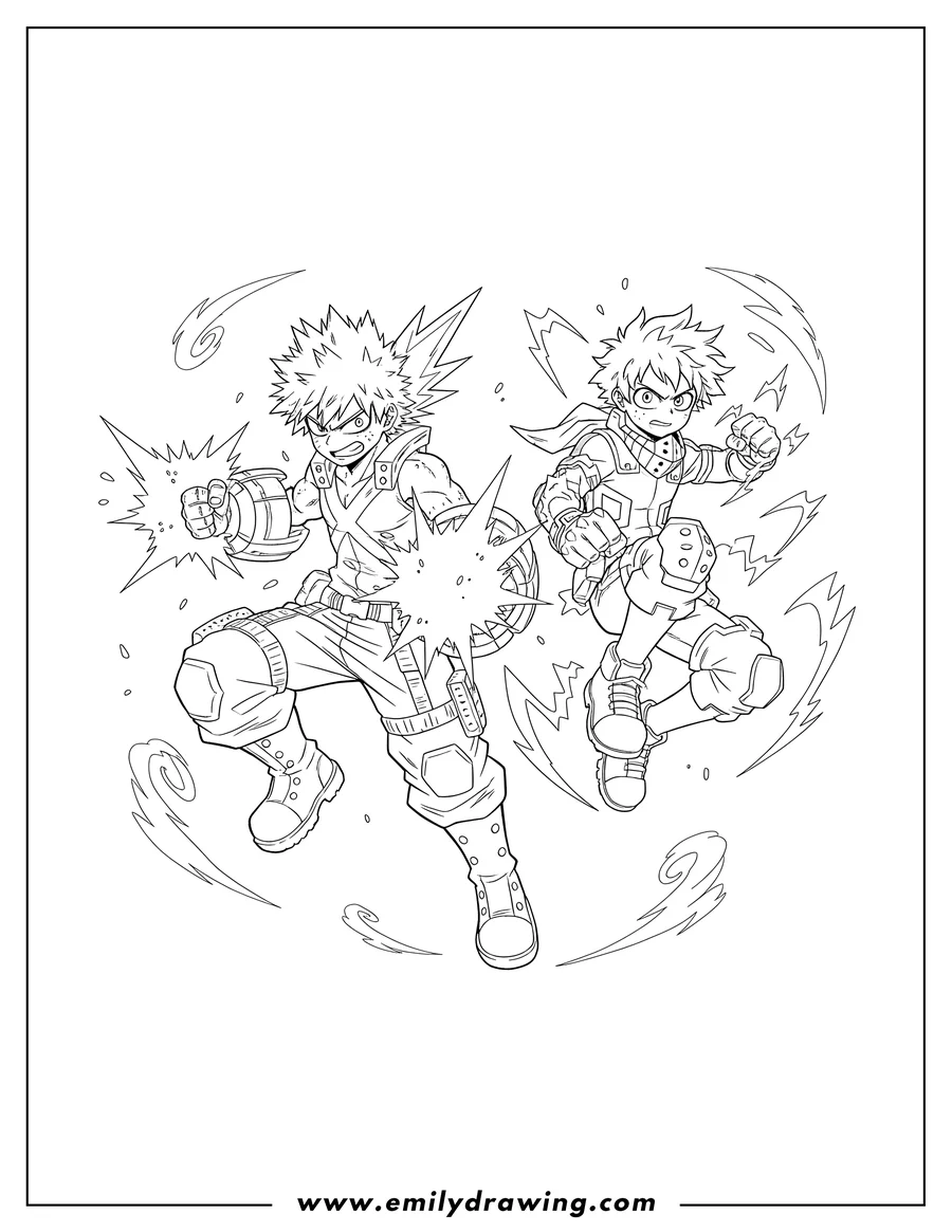 Coloring page of katsuki Bakugo with explosions fighting alongside a leaping Deku
