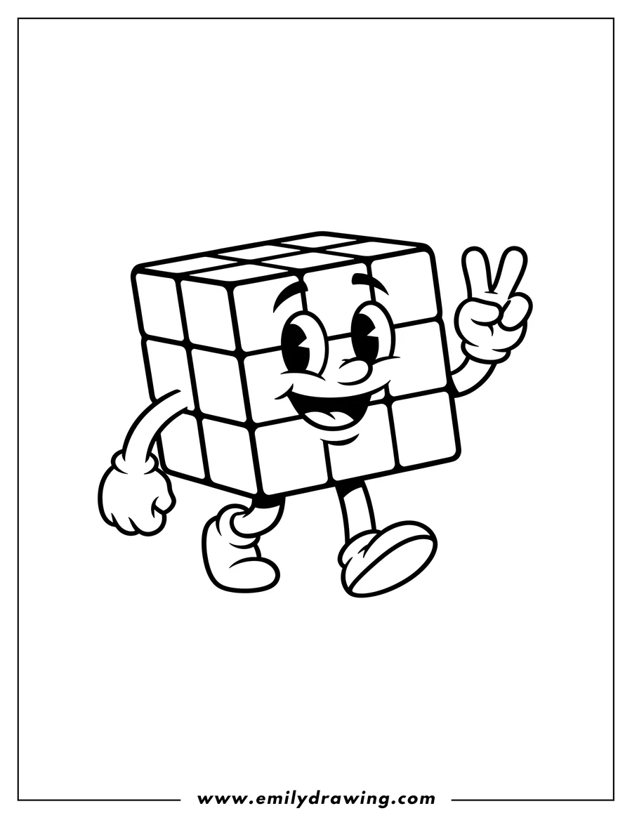 Vector style outline of 80s cartoon Rubik's Cube walking with a big smile and making a peace sign