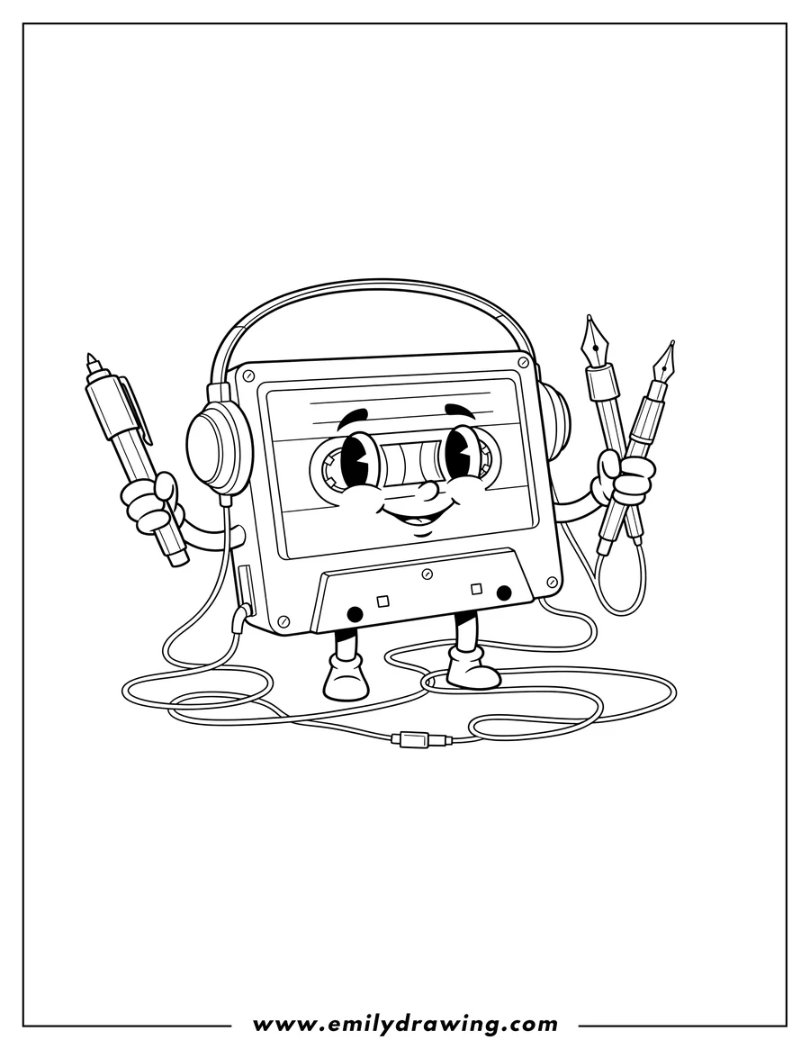 Downloadable coloring page of 80S Cassette Tape with plugged-in earphones and pens