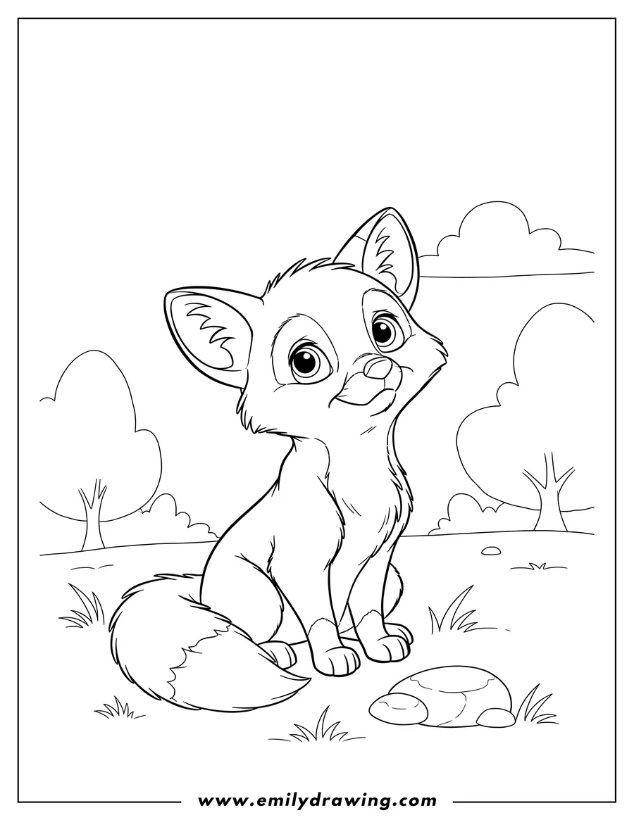 Printable line art of A young Tod sitting and looking up with big eyes