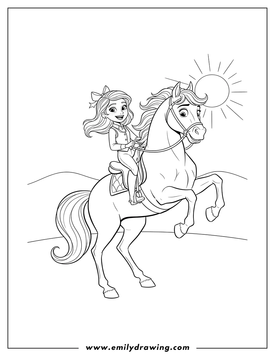 Coloring sheet featuring abigail smiling while riding Chica Linda with front legs lifted