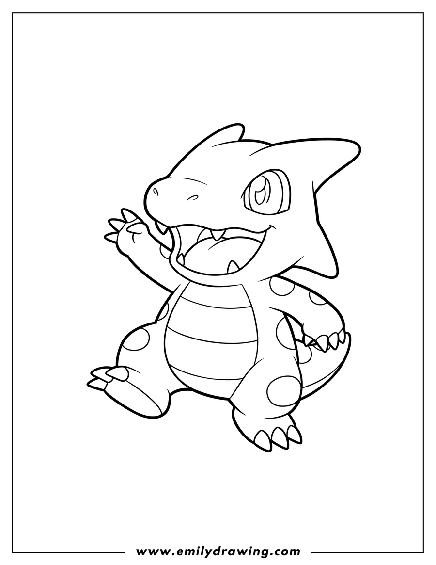 Downloadable coloring page of kawaii Agumon Reaching Up with Open Mouth and Extended Leg