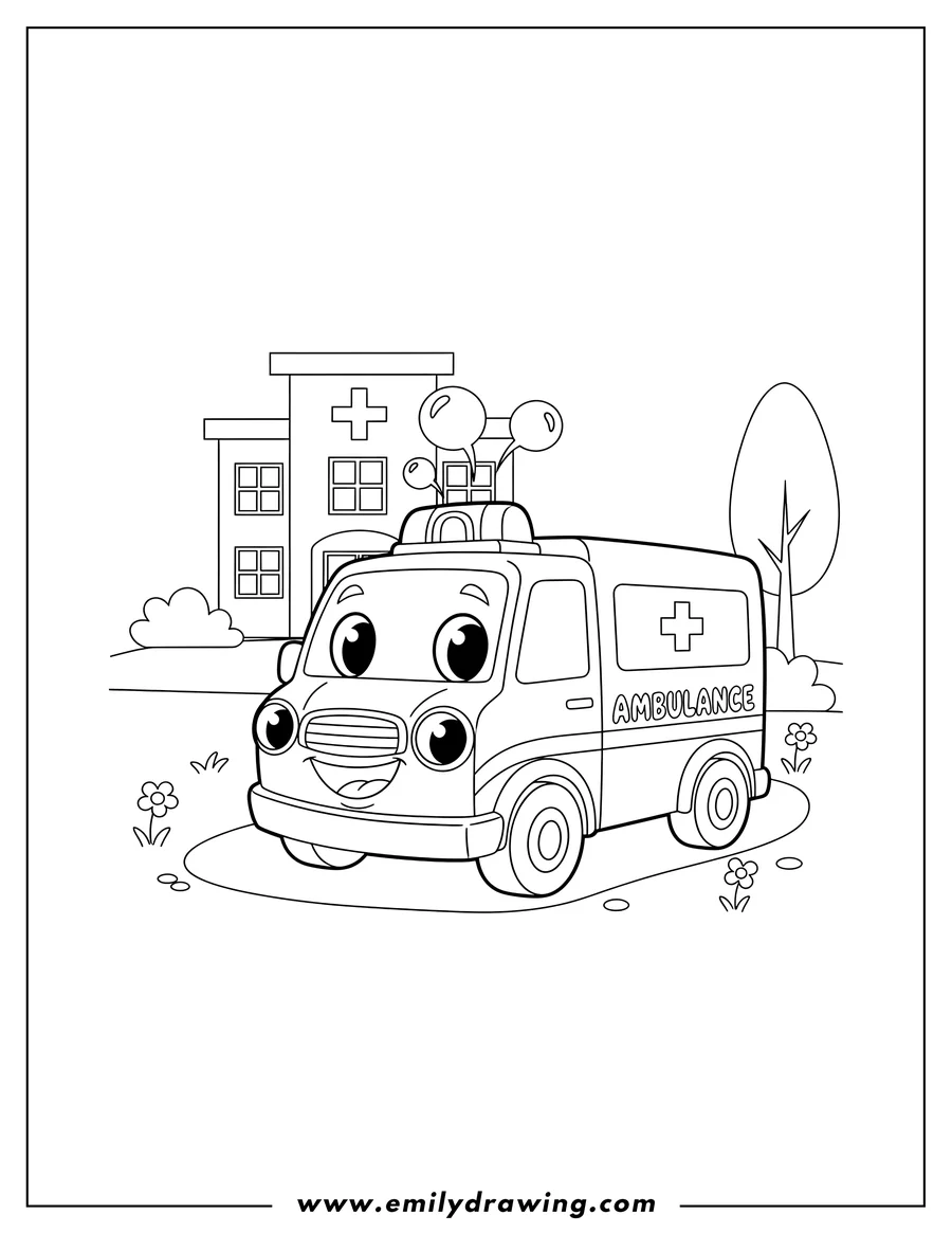 Downloadable coloring page of alice Ambulance smiling in front of a hospital