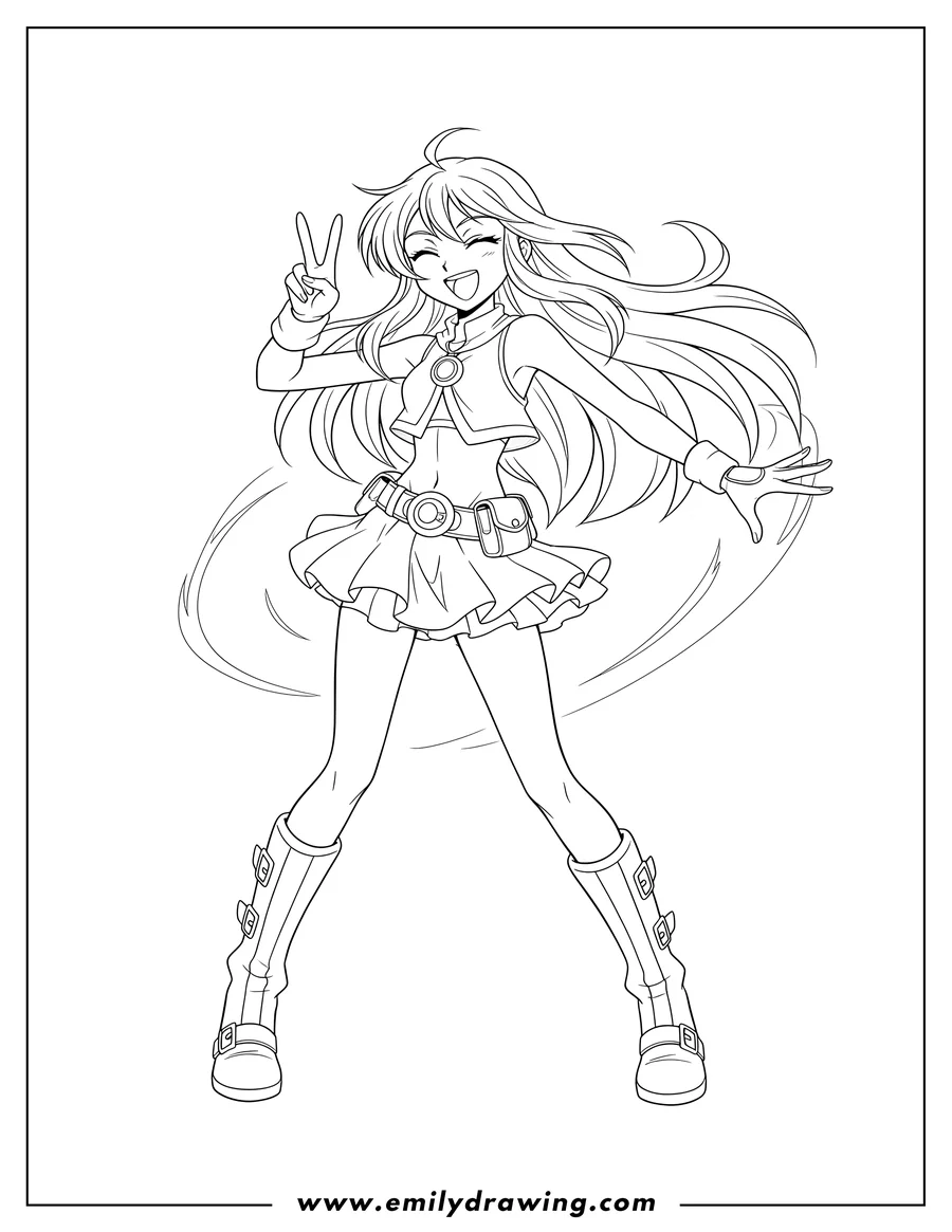 PDF style coloring page: alice Gehabich Winking and laughing, striking a dynamic pose
