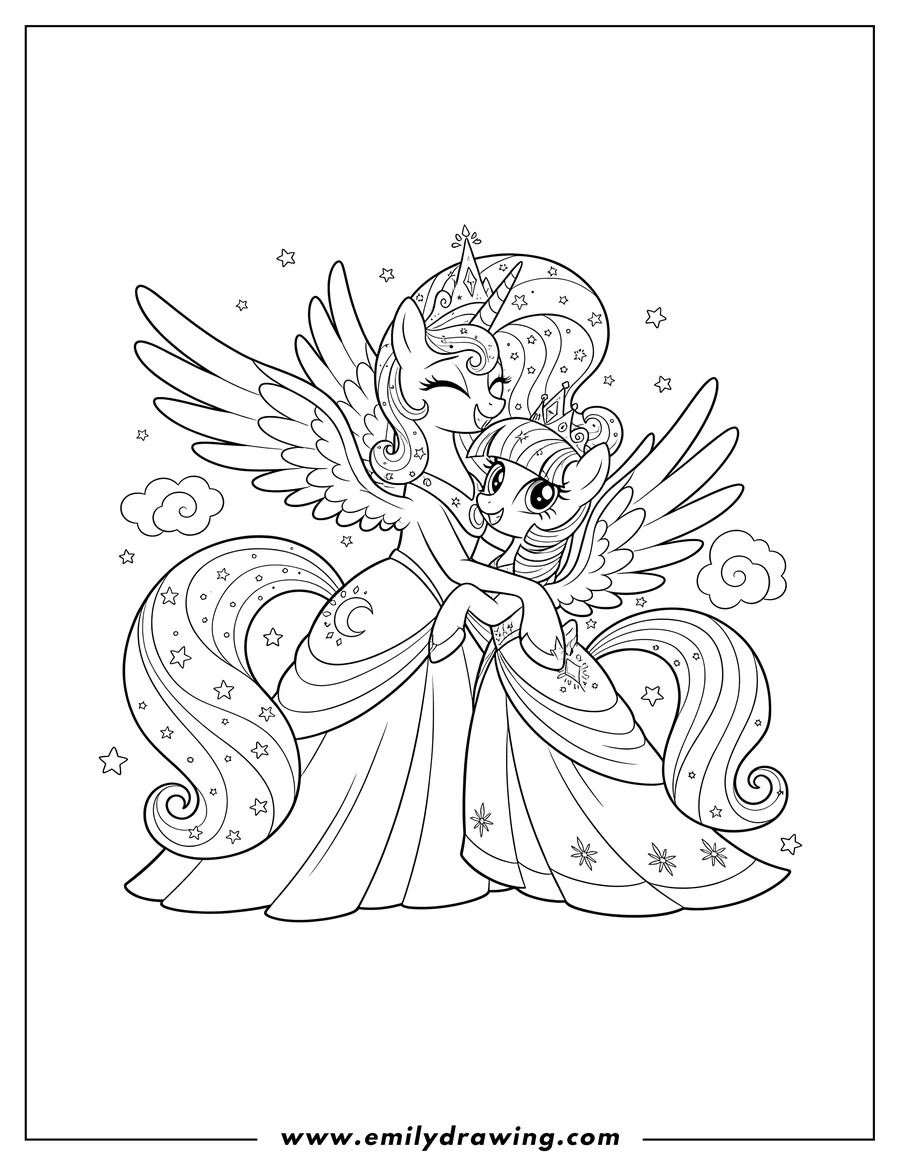 Printable coloring page of alicorn Princess Luna and Alicorn Twilight Sparkle hugging and smiling