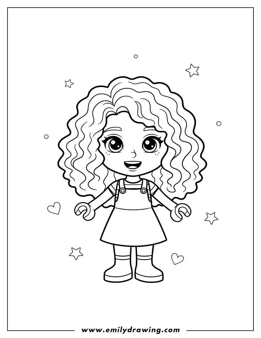 Coloring sheet featuring kawaii Aliya Minifigure Lego Friends Preschoolers, with curly hair, standing and smiling
