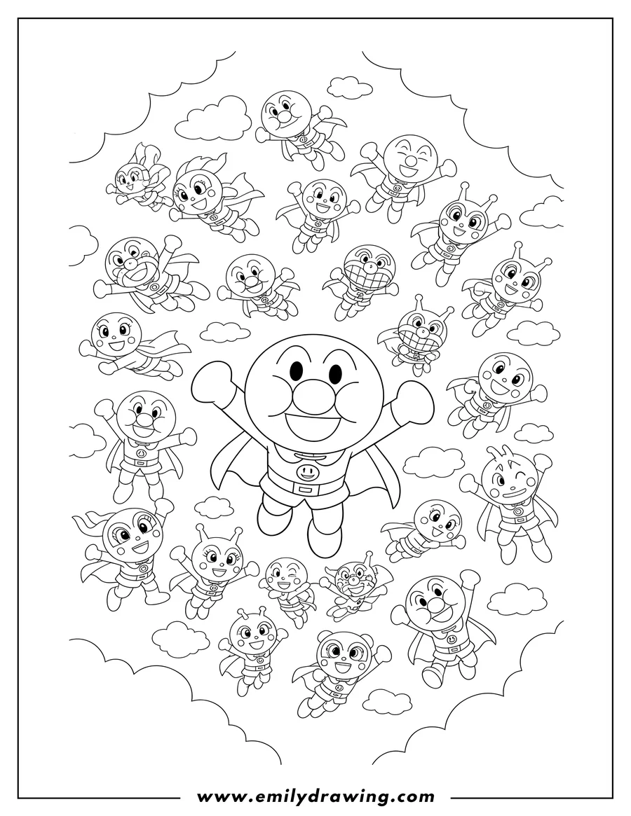 Black and white line art of all Anpanman Characters flying happily