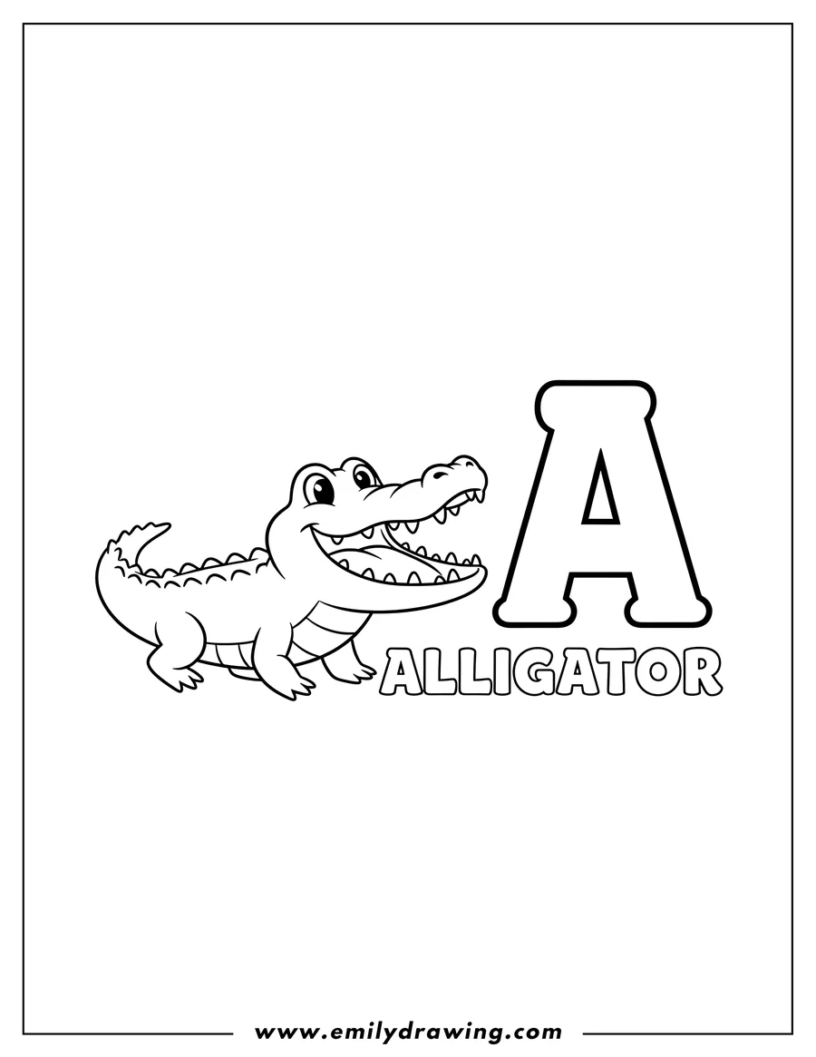 Doodle style coloring picture of alligator, smiling with an open mouth showing teeth, next to a large letter A and the word 'Alligator'