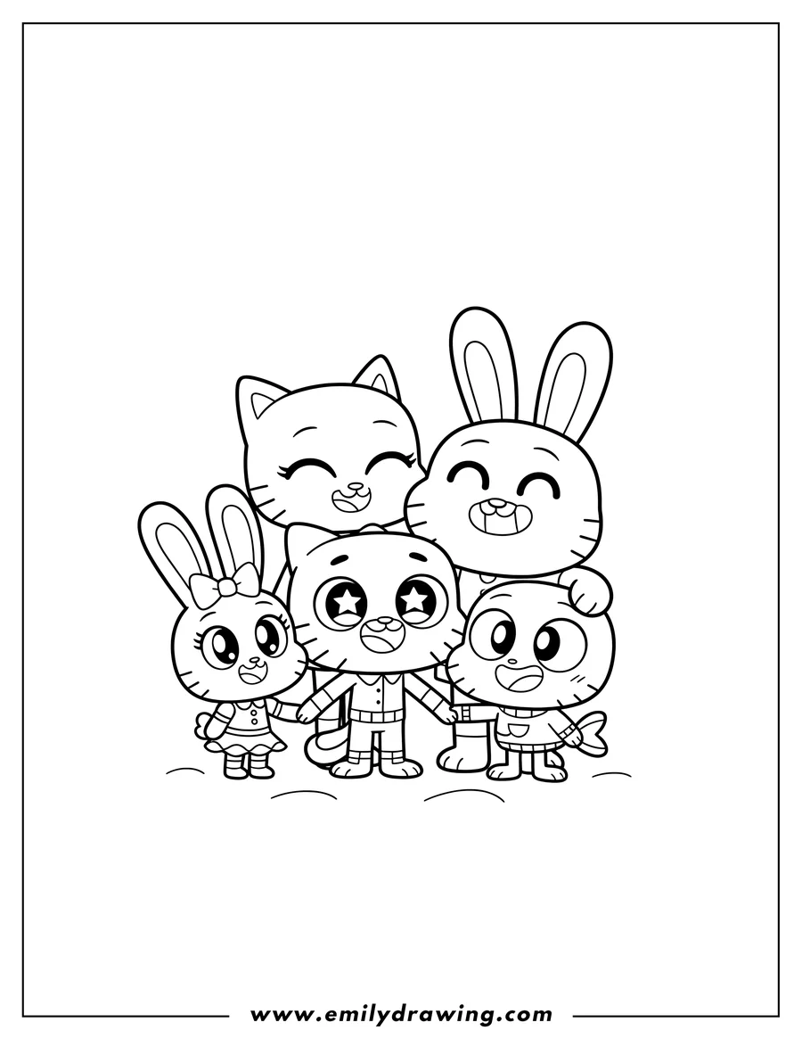 Downloadable coloring page of kawaii Amazing World Gumball family smiling together