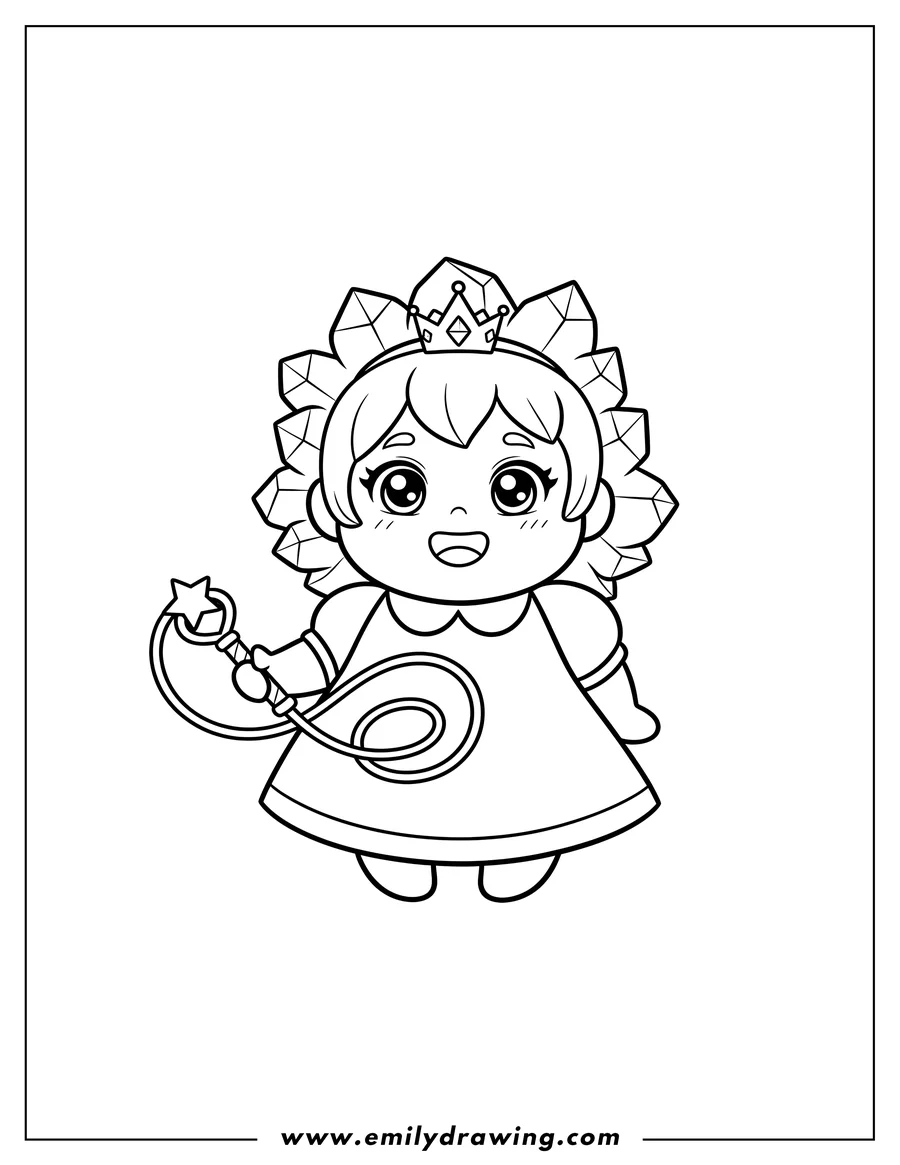 Printable line art of kawaii Amethyst Preschoolers, smiling and holding her whip