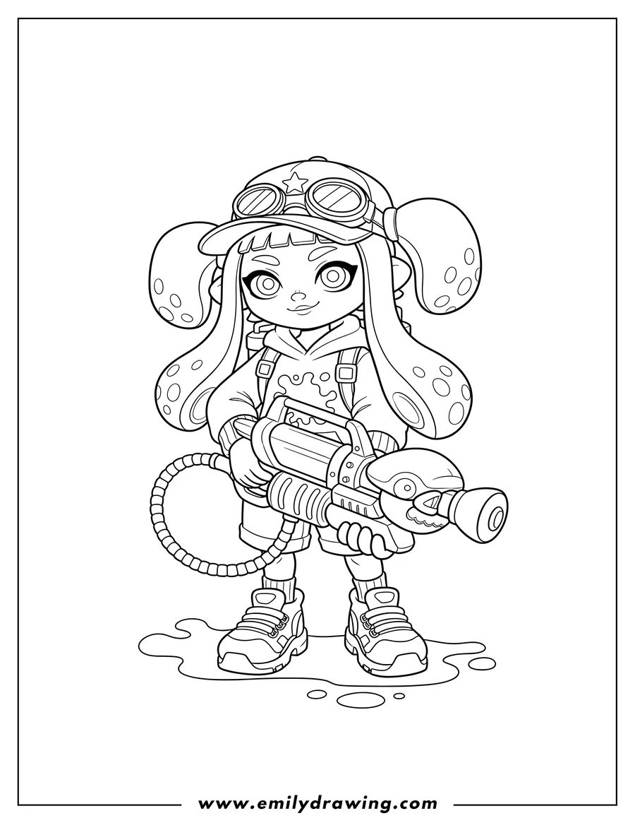 Full page coloring image of kawaii Amiiba Girl, with squid tentacles, wearing a cap and goggles, holding an inkjet weapon