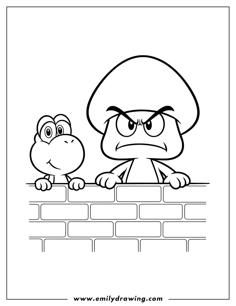 Vector style outline of angry Goomba and curious Yoshi peeking from behind a brick wall