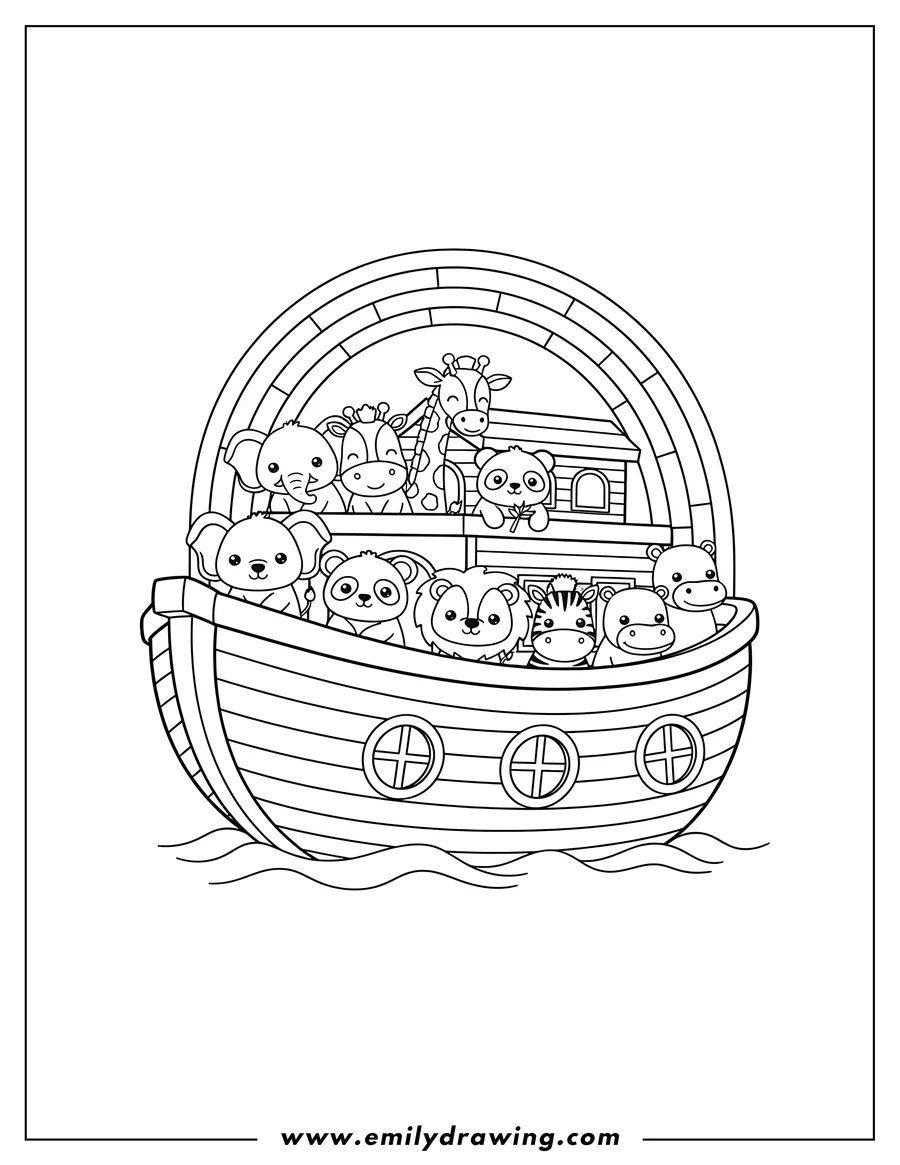 Simple sketch of kawaii Animals On Noah S Ark With Rainbow, looking out from the ark floating on water to color
