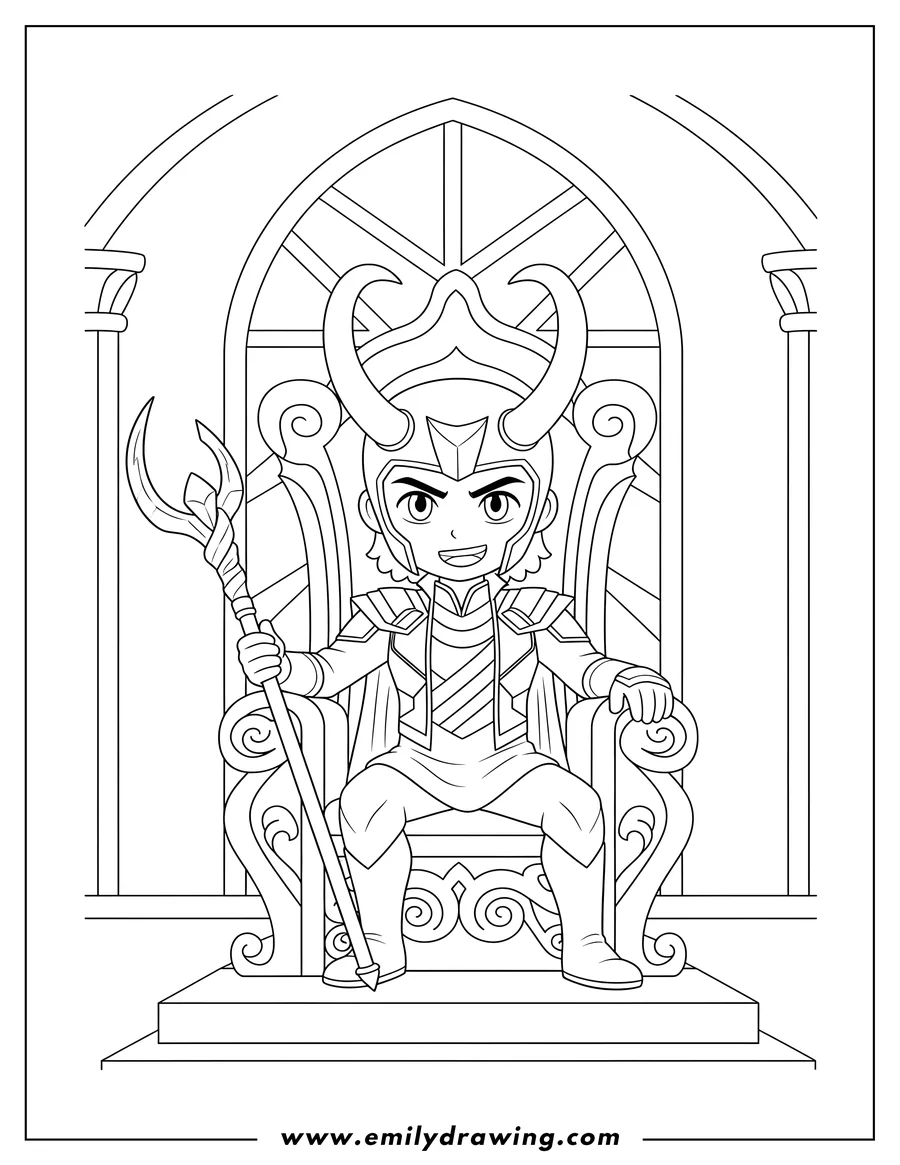 Downloadable coloring page of anime Loki Sitting On His Throne, wearing his horned helmet and holding a scepter