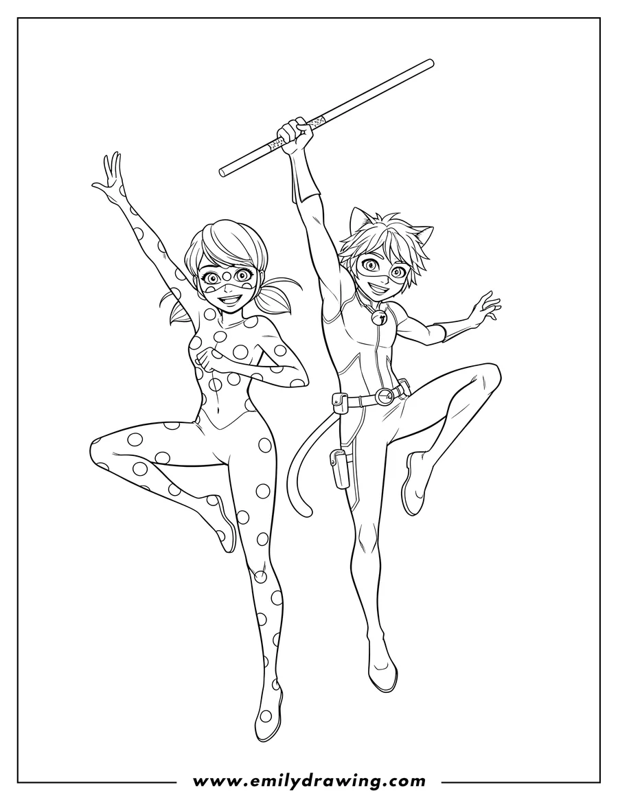 Printable coloring page of anime Miraculous Ladybug And Cat Noir, smiling in dynamic jumping poses