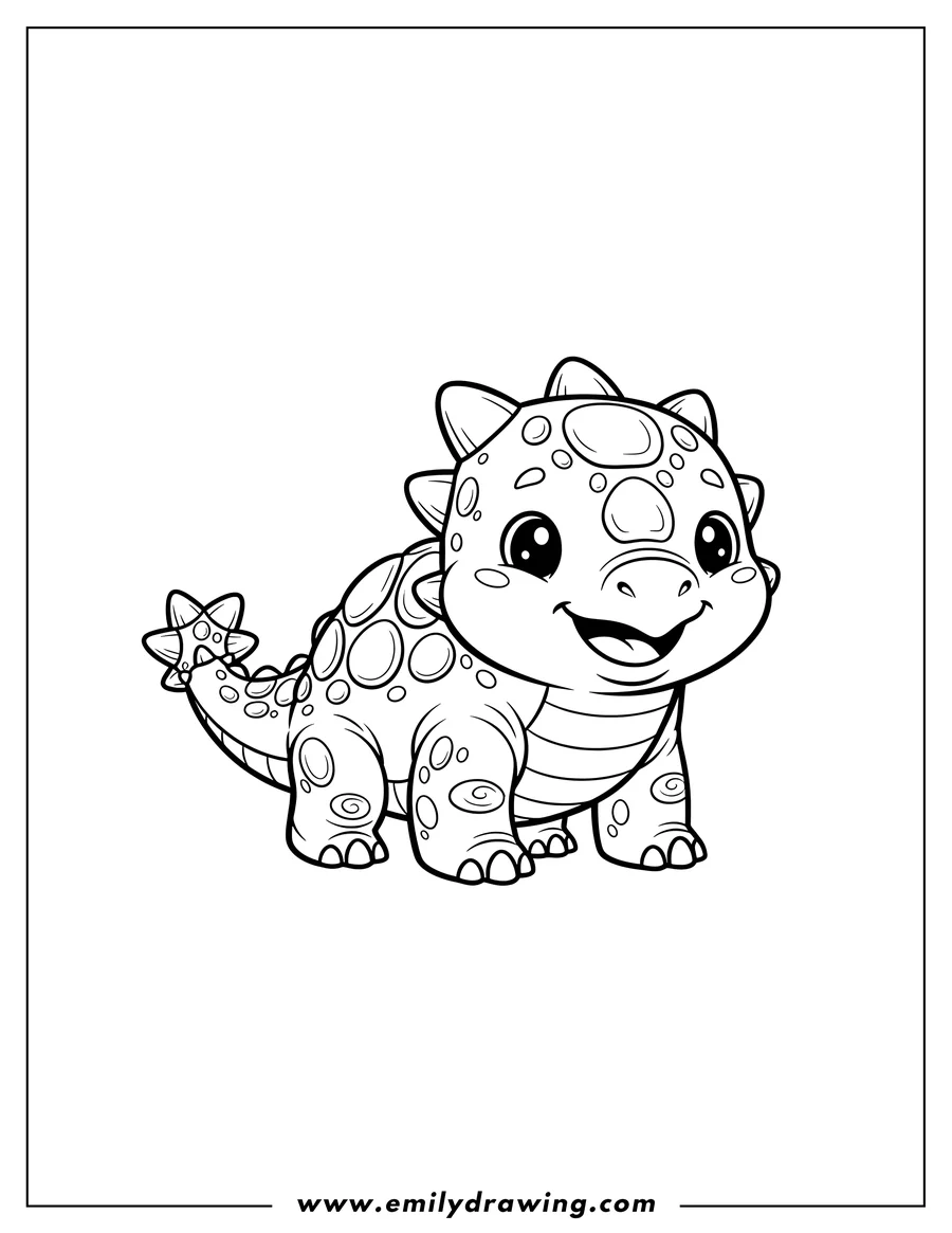 Coloring sheet featuring kawaii Ankylosaurus Outline, standing and smiling