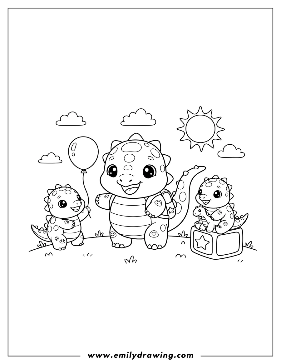 Clean line drawing: kawaii Ankylosaurus Preschoolers, standing, with armored back and club tail