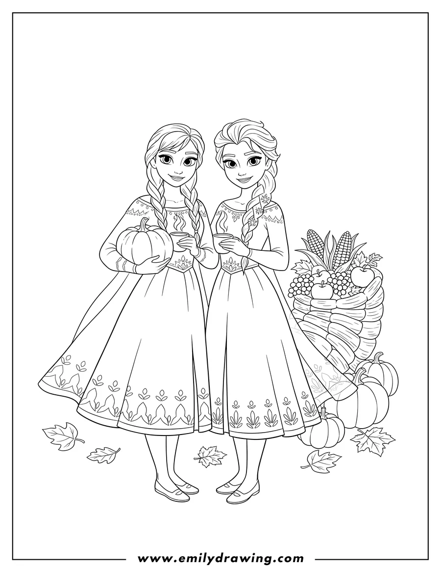Downloadable coloring page of anna and Elsa smiling with braided hair, Anna holding a pumpkin and a cup, Thanksgiving