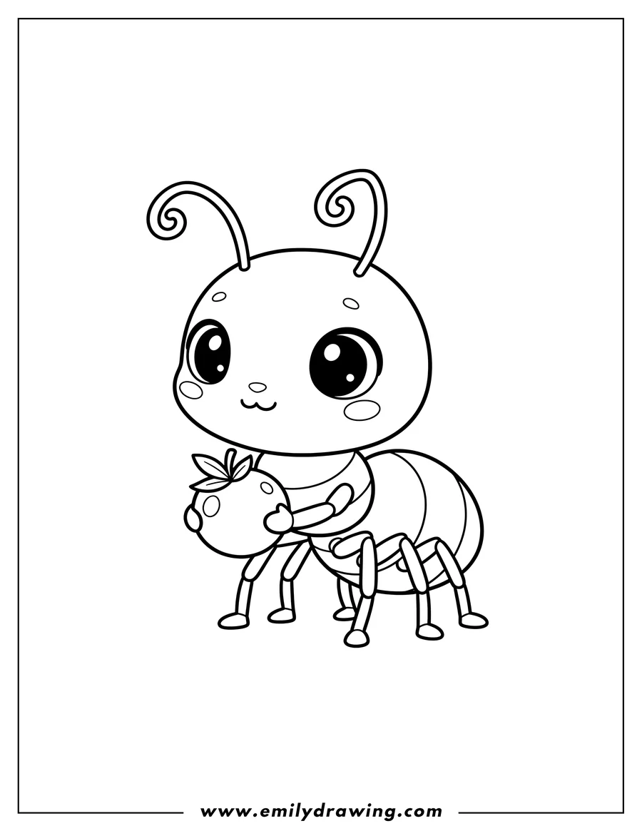 Printable coloring page of kawaii Ant with big eyes, holding a small berry