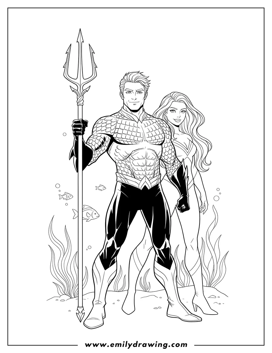 Downloadable coloring page of aquaman holding a trident, with Mera behind him