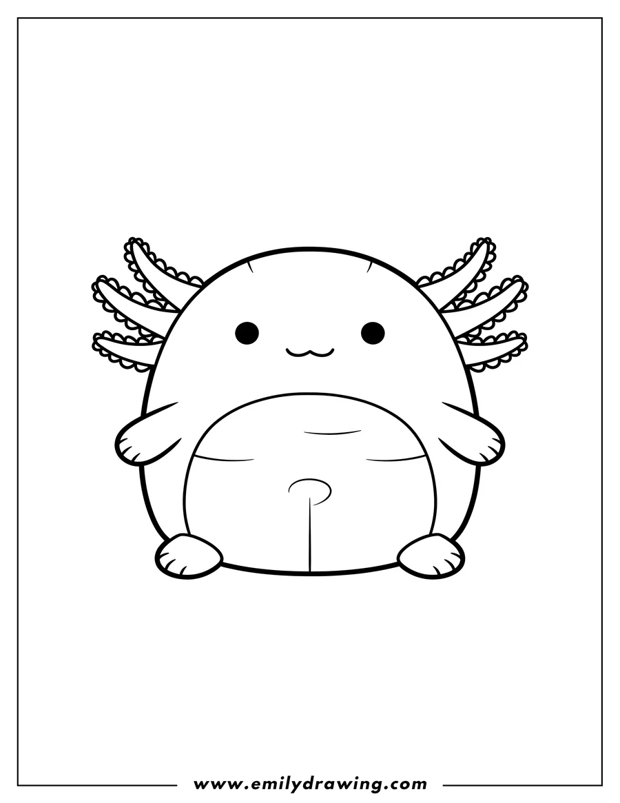 Vector style outline of archie Axolotl Squishmallow, facing forward, with gills