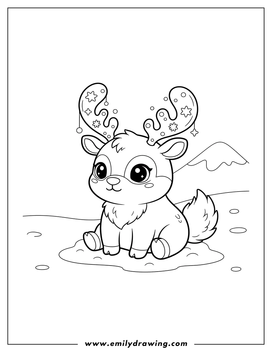 Free printable coloring sheet of kawaii Arctic Reindeer sitting in snow, with antlers