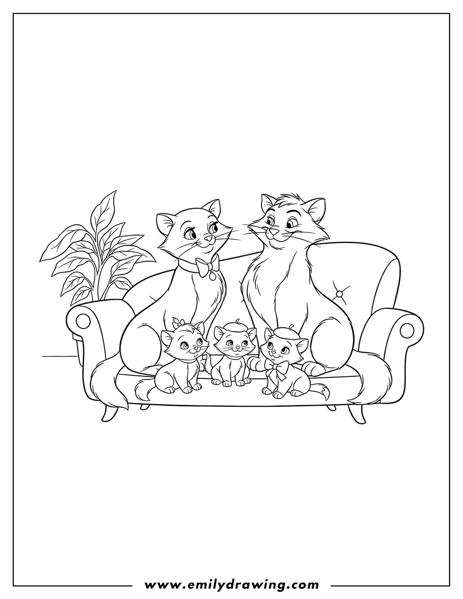 Coloring sheet featuring aristocats Disney: Duchess, Thomas O'Malley, and their three kittens sitting together