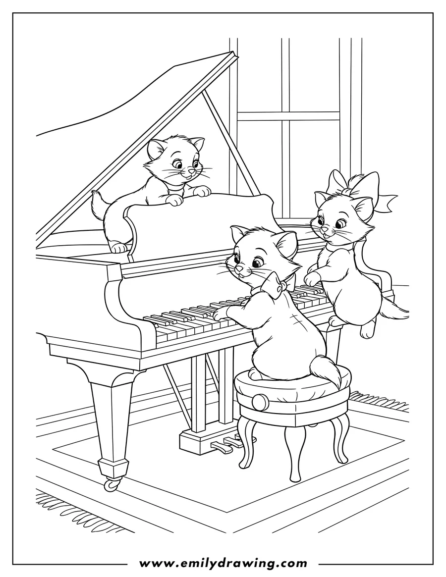 Coloring page of aristocats Kittens Berlioz with his neck bow, Marie with her head bow, and Toulouse reaching for the piano keys, all playing on a piano
