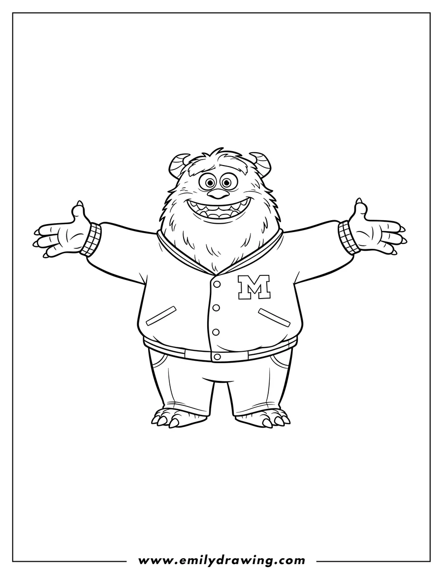 PDF style coloring page: art from Monsters University, a fuzzy monster smiling broadly with an open mouth